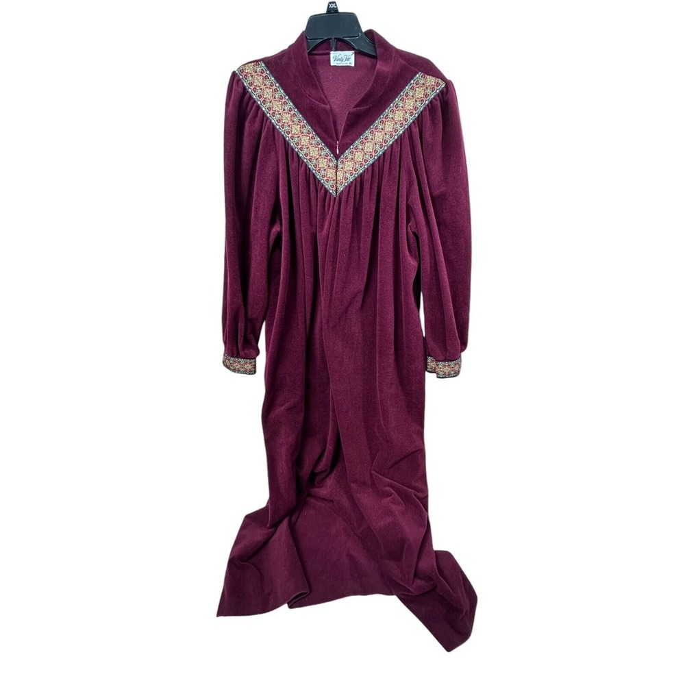 VTG XL VANITY FAIR FLEECE  ROBE HOUSECOAT Burgandy Metallic Accents 1/2 Zippered